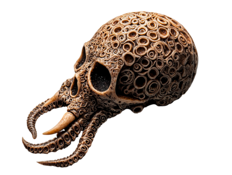PNG of A detailed, artistic representation of a skull with octopus features, merging marine and macabre elements in a stunning design.