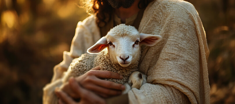 close-up,jesus holding a baby lamb in his arms,