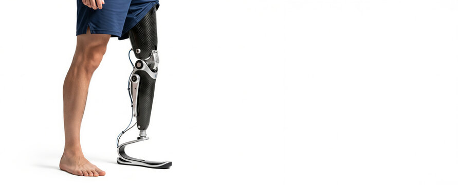 Young caucasian man with prosthetic leg standing isolated on white background. concept of prosthetics, limb replacement, modern technology, white background, copy space, banner - Powered by Adobe