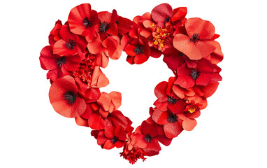 Handmade heart shaped wreath of red poppies showcasing delicate petals and creative botanical craftsmanship isolated on transparent background PNG