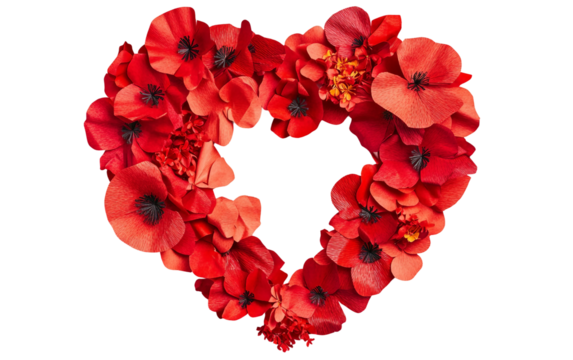 Handmade heart shaped wreath of red poppies showcasing delicate petals and creative botanical craftsmanship isolated on transparent background PNG