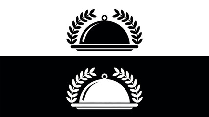A culinary award symbol featuring a cloche and laurel wreath on black and white backgrounds.