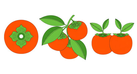a vibrant illustration showcases three ripe persimmons with lush green leaves and a detailed circular floral design on transparent background high quality professional