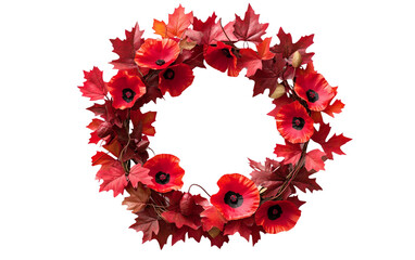 Creative floral arrangement featuring a red poppy wreath accented with maple leaves for symbolic tribute isolated on transparent background PNG