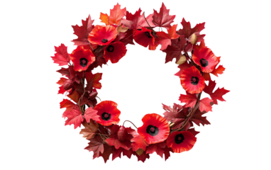 Creative floral arrangement featuring a red poppy wreath accented with maple leaves for symbolic tribute isolated on transparent background PNG