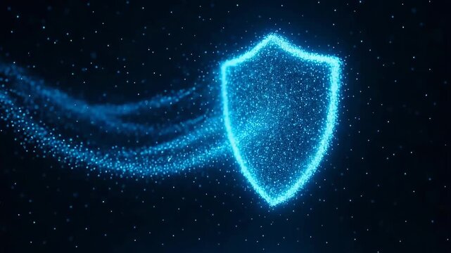 A glowing blue shield made of particles symbolizes digital security and protection in the cyber world against threats.