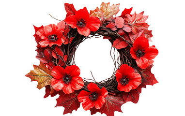 Patriotic Canadian wreath showcasing red poppies and maple leaves in an elegant and meaningful design isolated on transparent background PNG