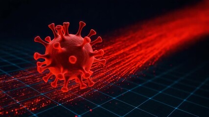 A dynamic representation of a virus illustrated in striking red against a digital background, symbolizing health and technology. - Powered by Adobe