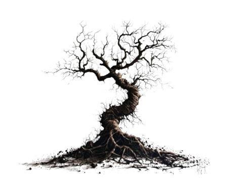 PNG of A gnarled, twisted tree with sprawling roots, exuding a sense of age and resilience against a dark backdrop.