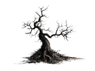 PNG of A gnarled, ancient tree with twisted branches and exposed roots, embodying resilience and the beauty of nature.