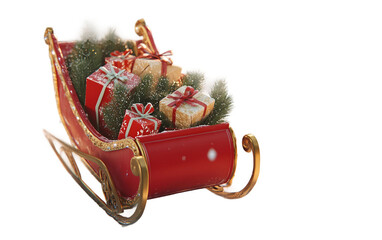 Festive red sleigh overflowing with wrapped gifts and ornaments for seasonal Christmas celebrations isolated on transparent background PNG