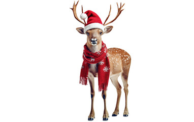 Cute holiday reindeer dressed in red scarf and Santa hat creating a cheerful Christmas decoration isolated on transparent background PNG