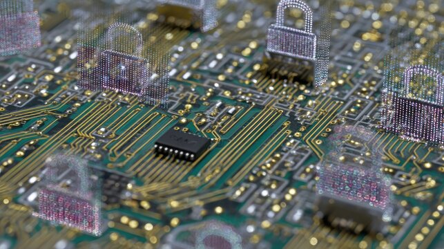 A close up of a circuit board with a chip and several digital locks floating above the surface area