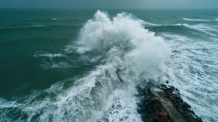 Fototapeta premium Giant Tropical Storm Waves Crash Shoreline Powerfully