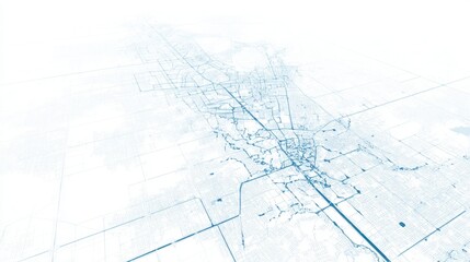 abstract grid based map of modern road network, straight clean lines, minimal nodes, light blue accents on white, tech diagram aesthetic with clear
