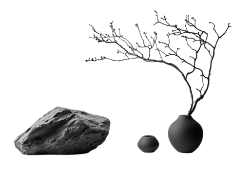PNG of Minimalist decor featuring a large rock and two matte vases with delicate branches, evoking tranquility and elegance.