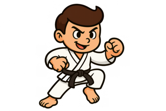 Boy cartoon character practicing karate with a black belt, performing a powerful martial arts stance, transparent background
