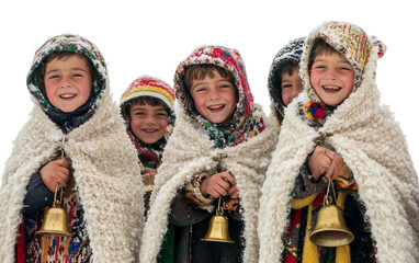 Traditional Romanian holiday scene showing carolers in sheepskin attire spreading festive cheer and music isolated on transparent background PNG