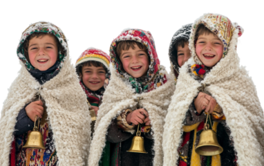 Traditional Romanian holiday scene showing carolers in sheepskin attire spreading festive cheer and music isolated on transparent background PNG