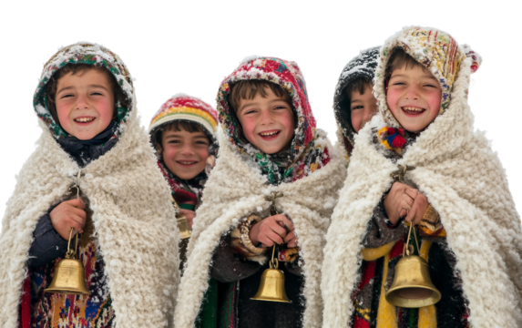Traditional Romanian holiday scene showing carolers in sheepskin attire spreading festive cheer and music isolated on transparent background PNG