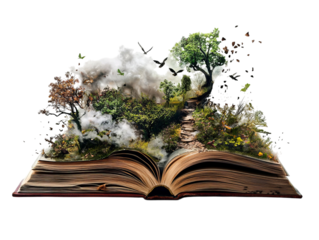PNG of A whimsical and vibrant scene of a magical forest emerges from an open book, blending literature and nature.