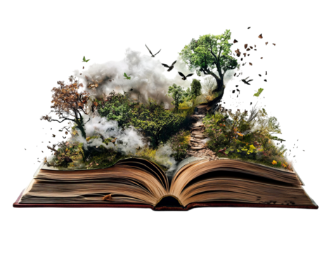 PNG of A whimsical and vibrant scene of a magical forest emerges from an open book, blending literature and nature.