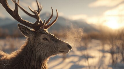 close up of majestic deer with sunlight shining through antlers, snowy fields and distant mountains behind, warm golden winter light, hyper realistic
