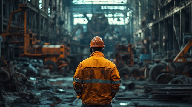 A worker in safety gear stands amidst a vast, cluttered industrial space filled with heavy machinery and scrap metal. 