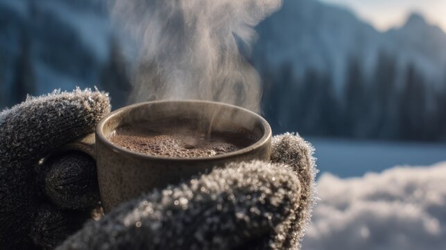 close up of steaming cup of hot chocolate in gloved hands, frost crystals on cup edge, sunny snow covered mountains softly blurred behind, cozy yet