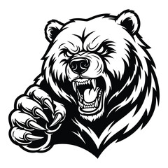 Roaring Bear Illustration with Sharp Claws in Black and White