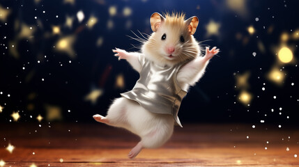 Cute, happy hamster wearing a glittery silver vest mid-dance under spotlight with bokeh lights and stars on a dark stage. Use for funny Christmas cards, New Year's Eve party invitations