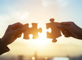Two hands connecting jigsaw puzzle pieces against golden sunset sky. Symbol of strategic partnership, business solution, and merger. Concept of teamwork, problem solving and finding the missing link.