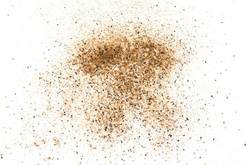 Pile of black pepper powder isolated on white background. Top view