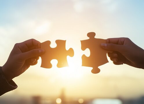 Two hands connecting jigsaw puzzle pieces against golden sunset sky. Symbol of strategic partnership, business solution, and merger. Concept of teamwork, problem solving and finding the missing link.