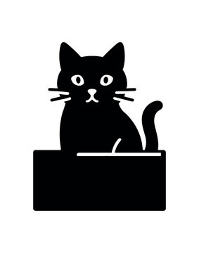 cat sitting box flat black solid vector illustration isolated on white background