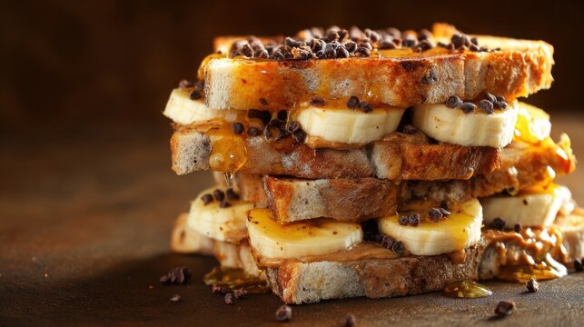 crisp toasted bread layered with peanut butter, banana slices, cocoa nibs, and honey drizzle, macro shot, warm bright lighting, delicious high energy