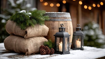 Rustic christmas decorations on snowy table with lanterns