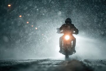 Fototapeta premium Motorcycle Rider in Dramatic Night Snowstorm Setting