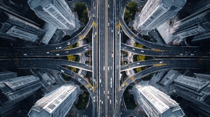 drone style aerial view of futuristic traffic node, perfectly symmetrical lanes, LED road indicators, high rise buildings around, crisp visual clarity
