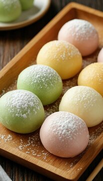 Colorful mochi desserts arranged on a wooden plate, showcasing a variety of pastel shades, dusted with powdered sugar, evoking a sense of delight and culinary artistry