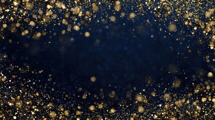 Sparkling golden glitter and bokeh lights creating a festive and celebratory frame around a dark navy blue background