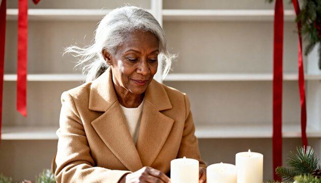 Elegant senior black woman smiling while decorating for Christmas at home. Mature african american female arranging festive holiday candles. Cozy winter celebration concept - Powered by Adobe