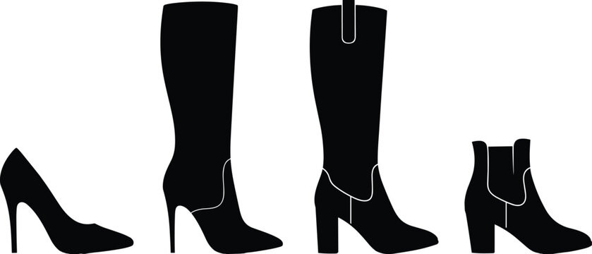 Black silhouette collection of women's footwear including high heel pump knee high boots and ankle boots