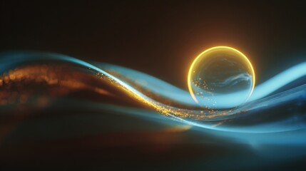 glowing abstract waves around a floating luminous orb, shimmering light particles, soft neon gradients, smooth curves, high quality, hyperrealistic
