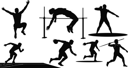 Black silhouettes of athletes performing track and field events athletics running