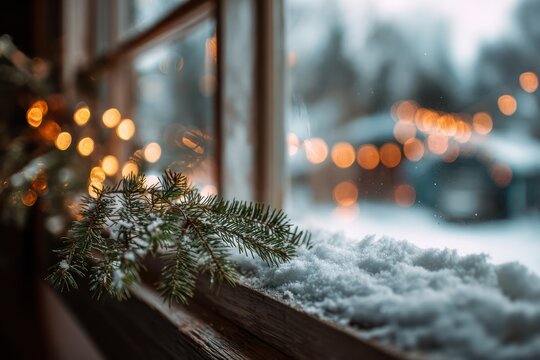 Fototapeta Snowy Window Sill with Pine Branch and Blurry Festive Winter View