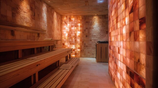 himalayan salt stone sauna with softly glowing walls, therapeutic ambiance, wooden benches, misty warm steam, healing and cozy mood, premium wellness