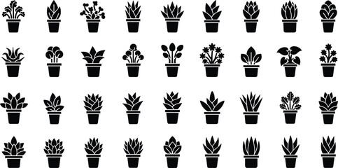 Collection of Black Silhouette Potted Houseplants and Succulents potted plant icon