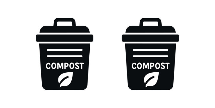 Flat vector illustration two compost bins black and white solid black icon style simple lids 2x1 grid equal spacing isolated on white