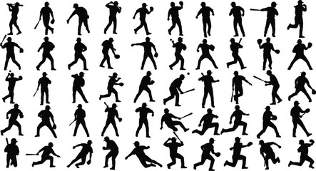 Collection of Black Silhouettes of Baseball Players in Various Poses sport action